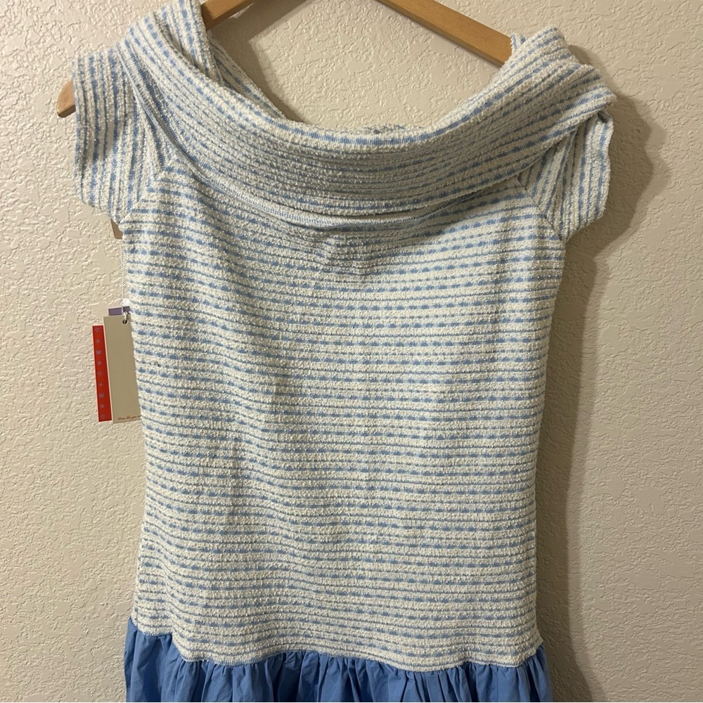 NWT Never A Wallflower Off the Shoulder Dress Beryl Knit Blue & White Size Large - Picture 3 of 7